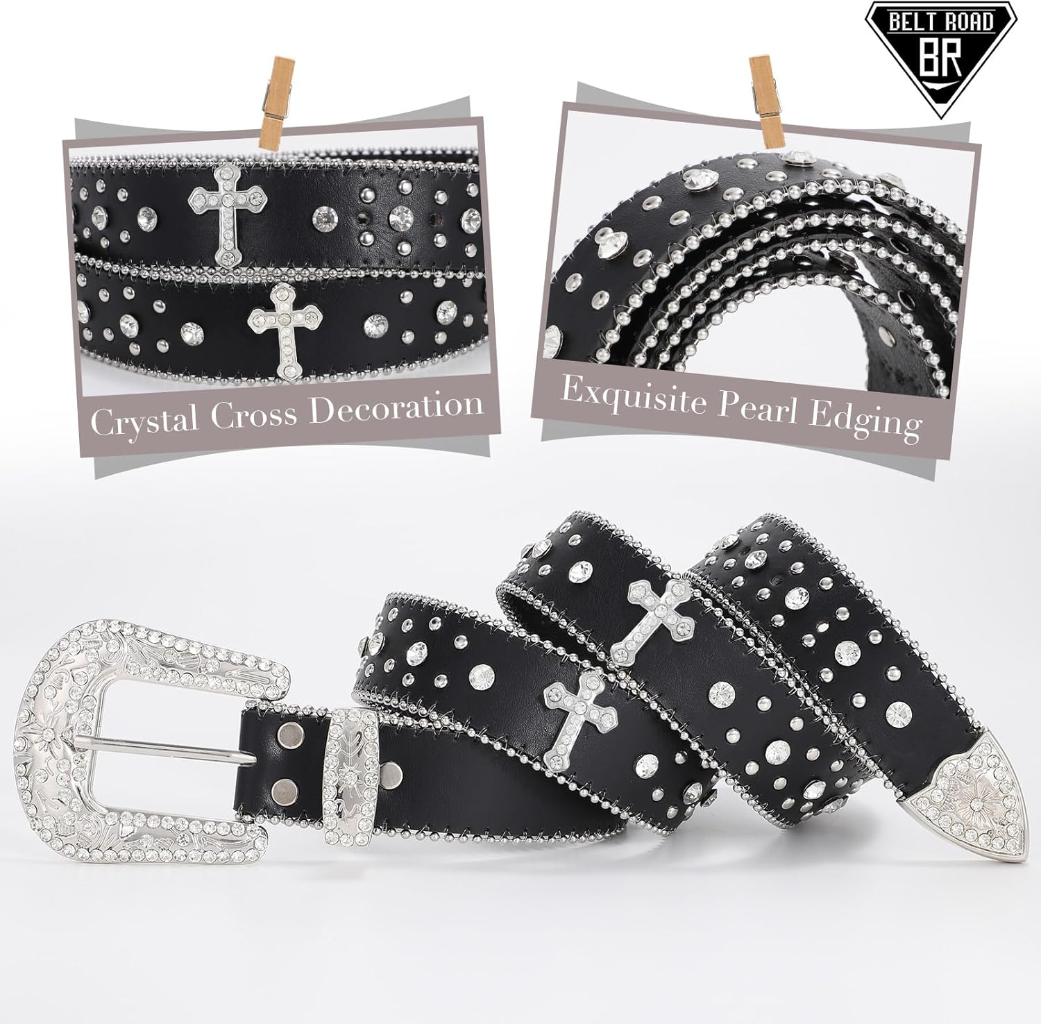 Rhinestone Belt for Men Women, Western Cowboy Cowgirl Belts Bling Leather Belt With Cross and Diamond for Jeans — image 2