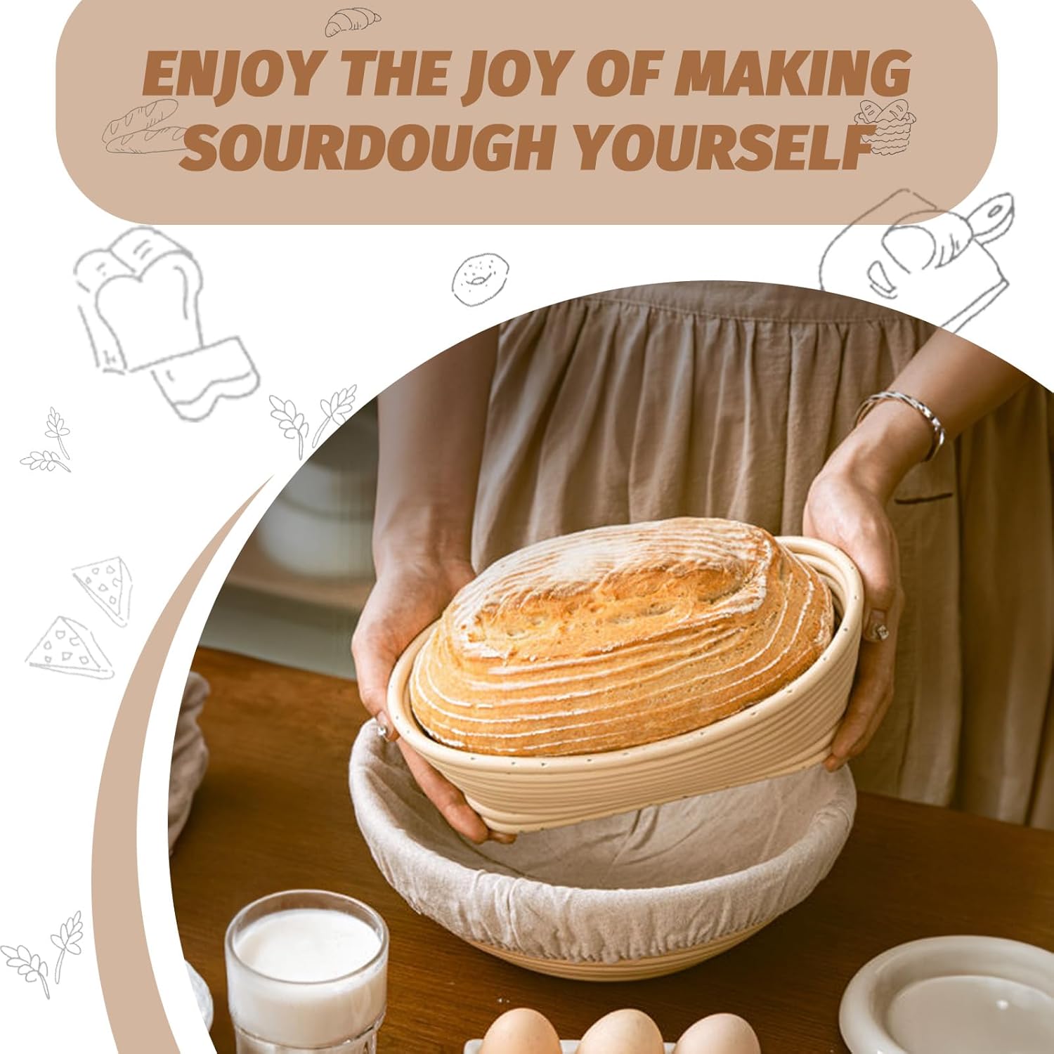 Sourdough Proofing Basket Gift Set, 9" Round and 10" Oval Banneton Bread Baking Supplies, Sourdough Baskets with Bread Lame, Danish Whish, Bowl Scraper โ image 6
