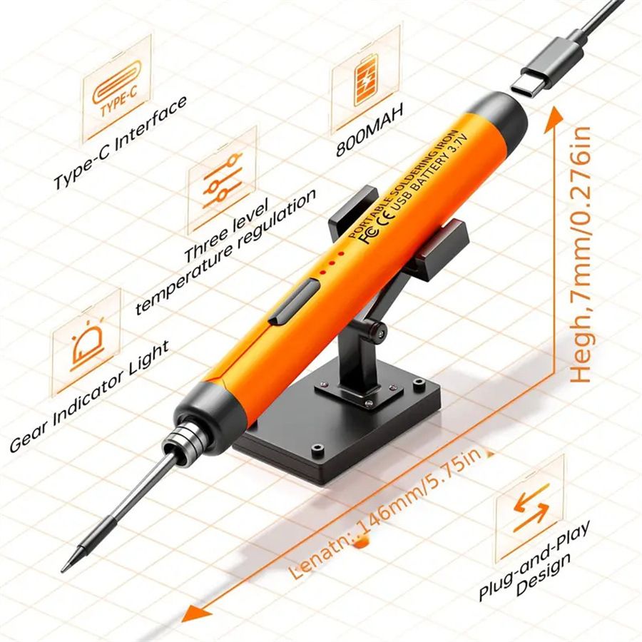 Black Portable Cordless Soldering Iron Kit 5V 8W USB Rechargeable - 3 Temperature Settings, Fast Heating Mini Soldering Tool for Circuit Boards — image 3