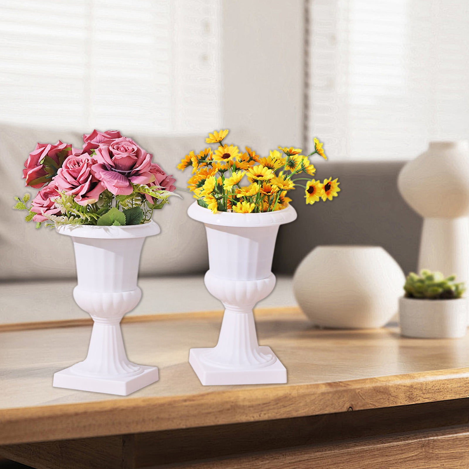 White Urn Planter Flower Pots, Classic Plastic Tall Planter, Wedding Party Porch Front Door Decorative 2 Pack B โ image 3