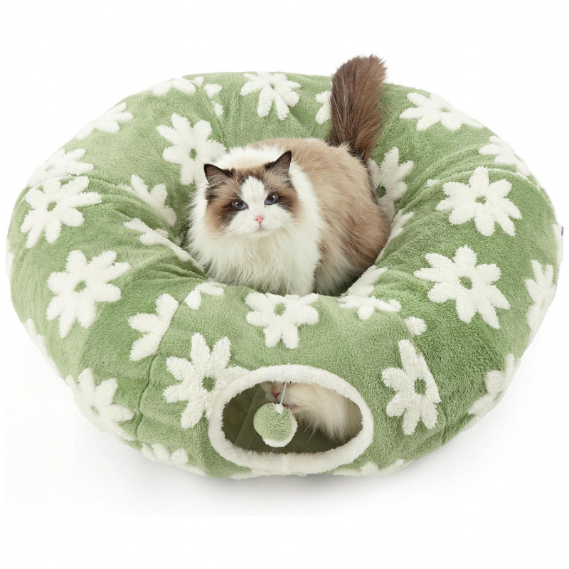2-in-1 Cat Tunnel Bed Blue Daisy 80cm - Plush Donut Pet Cave & Play Tube - Detachable Washable Cushion & Interactive Hanging Toy for Indoor Cats โ image 5