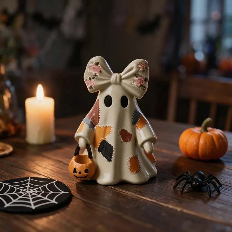 Vintage Patchwork Ghost Resin Figurine, with Bow and Pumpkin Bucket, Autumn Tabletop Decor (Light-Up Version) — image 5
