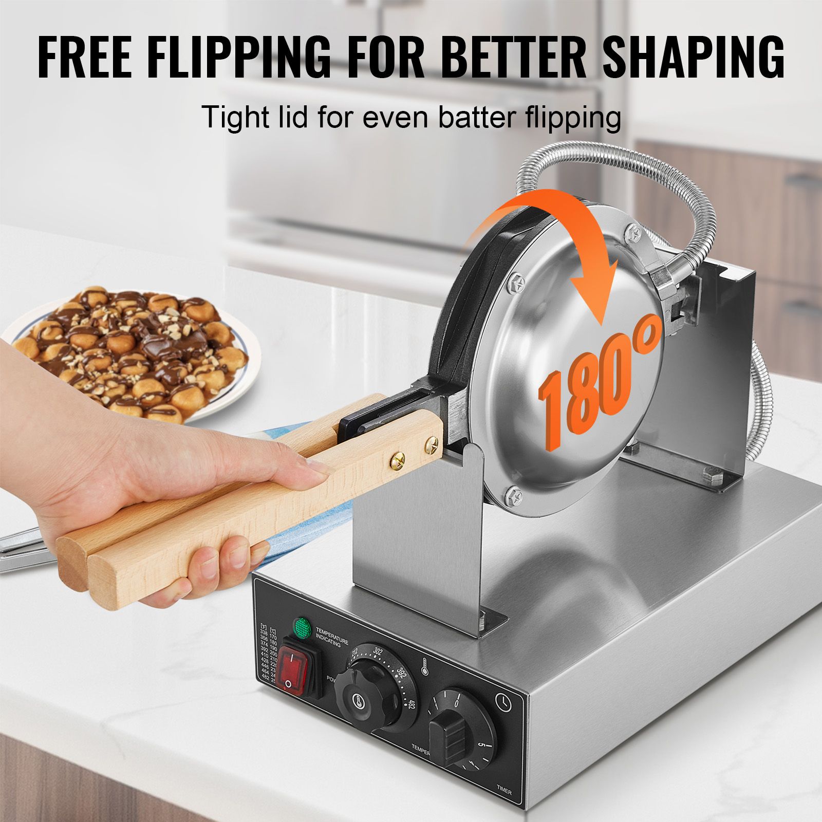 Commercial Bubble Waffle Maker, 1400W Egg Pancake Baker Machine, Non-Stick Stainless Steel Egg Bubble Puff, 180° Rotatable, Temp and Time Control, Wooden — image 3