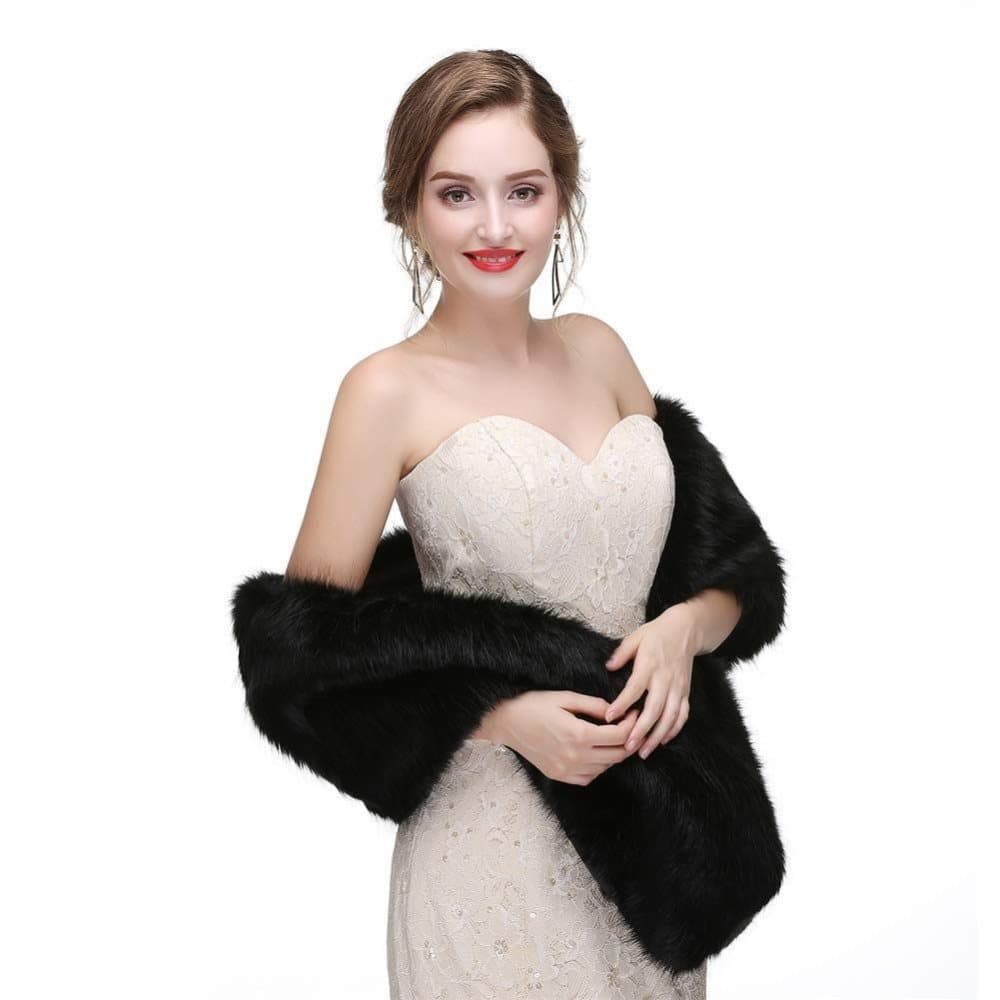 Black Faux Fur Scarf Shawl for Women, Warm Long Large Bridal Shoulder Warmer for Party Wedding Evening Dress Winter Use — image 4