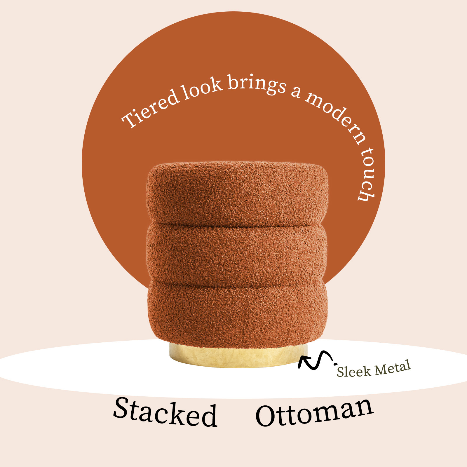 Round Stacked Ottoman Stool Teddy Fleece Fabric Foot Rest 38cm ORANGE โ image 4