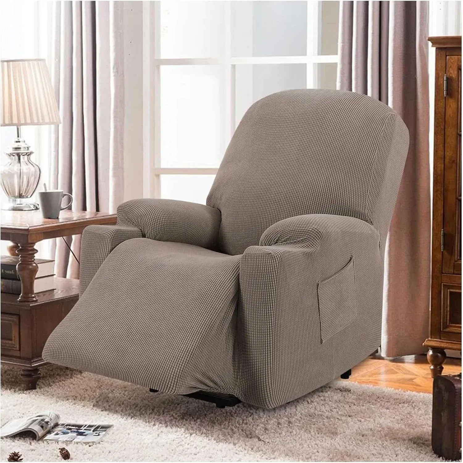 Recliner Slipcover High Stretch Jacquard Fabric with Side Pocket for Standard Power Lift Recliner Chair Brown, Letter G Option โ image 6