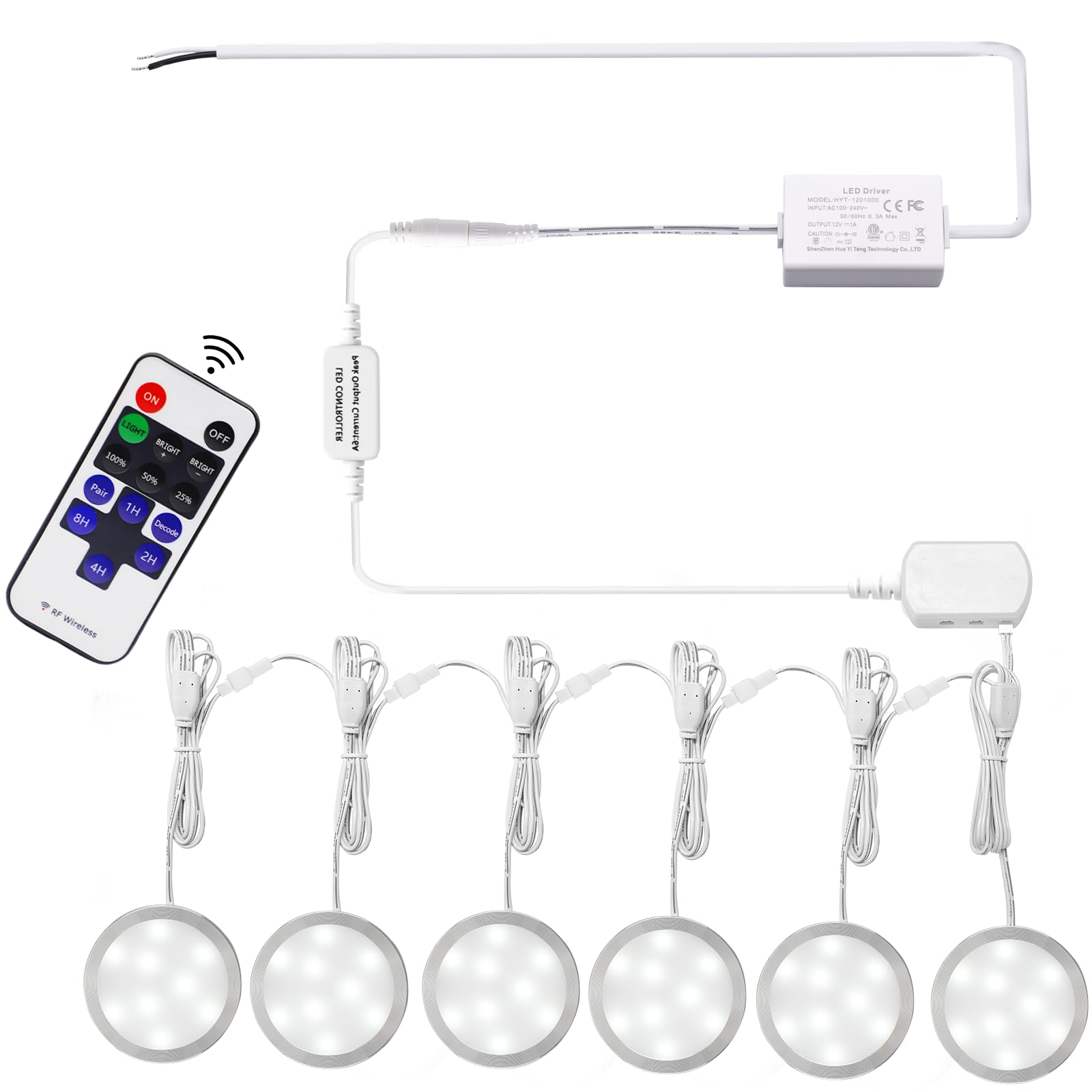 Linkable Under Cabinet LED Lighting 12V Slim Aluminum Dimmable Puck Lights Direct Wired with RF Remote Control for Kitchen Lighting(6pack, Daylight