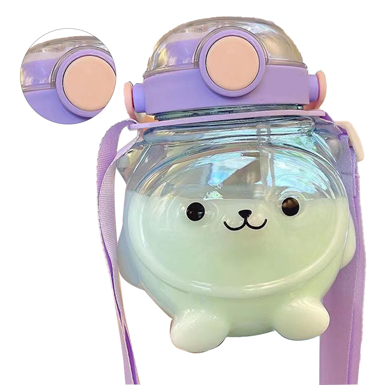 Large Water Bottle 1000ml Cartoon Bear Shape Portable Drinking Bottle with Straw Strap for Summer Purple — image 2