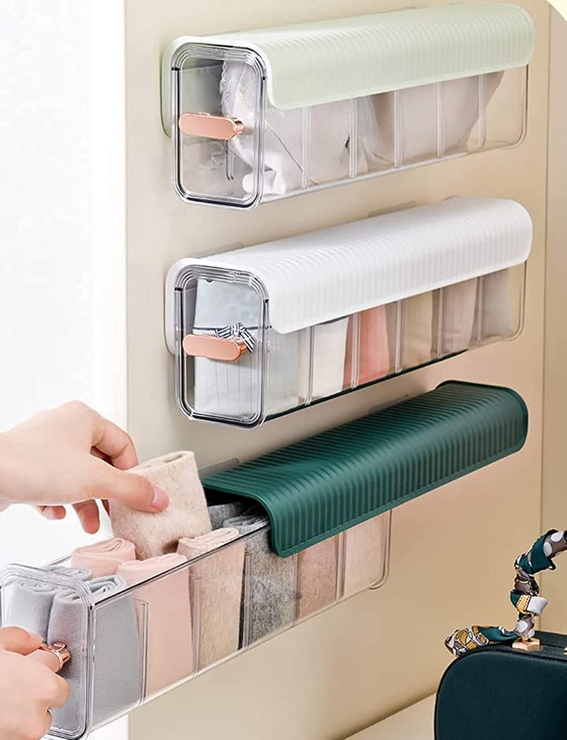 Wall-Mounted Underwear and Sock Organiser with Compartments for Wardrobes, Drawers and Space-Saving, 6 Compartments, Transparent and White — image 2