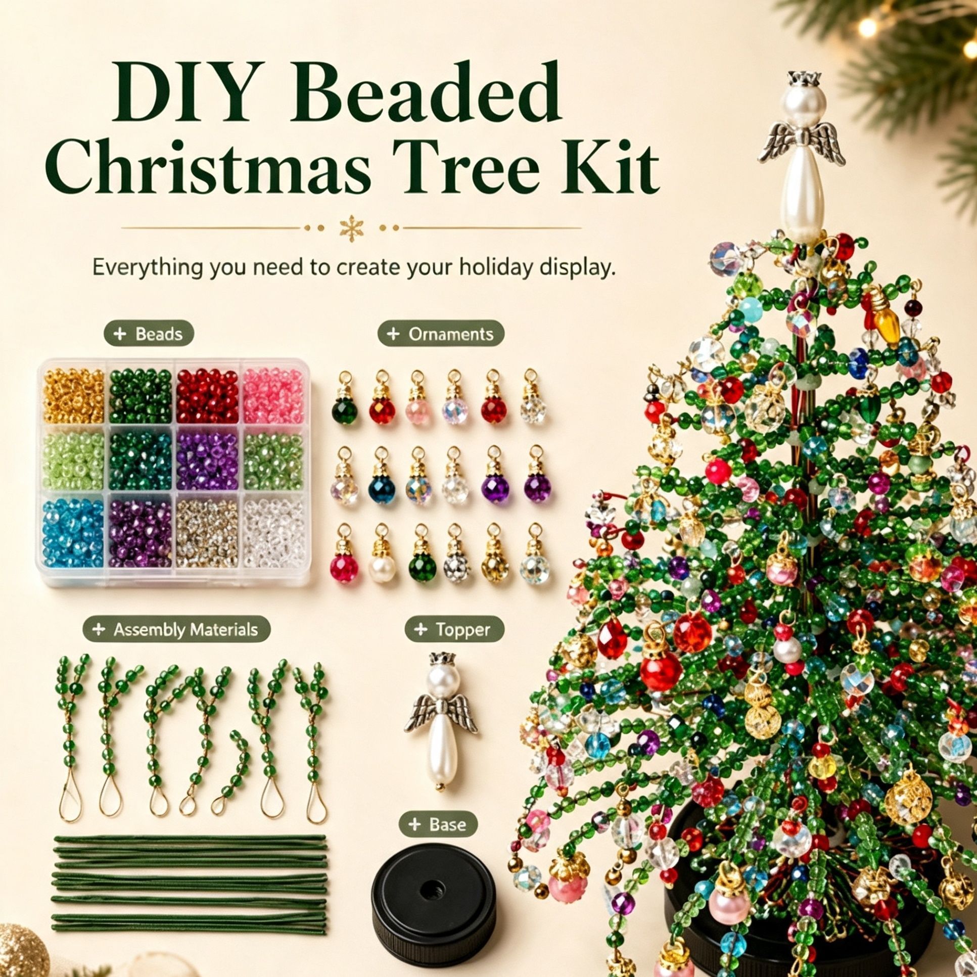 DIY Beaded Christmas Tree Kit with LED Light Strings, Christmas Halloween Tabletop Decor, Therapeutic DIY Handcraft, Create Warm Festive Atmosphere — image 2