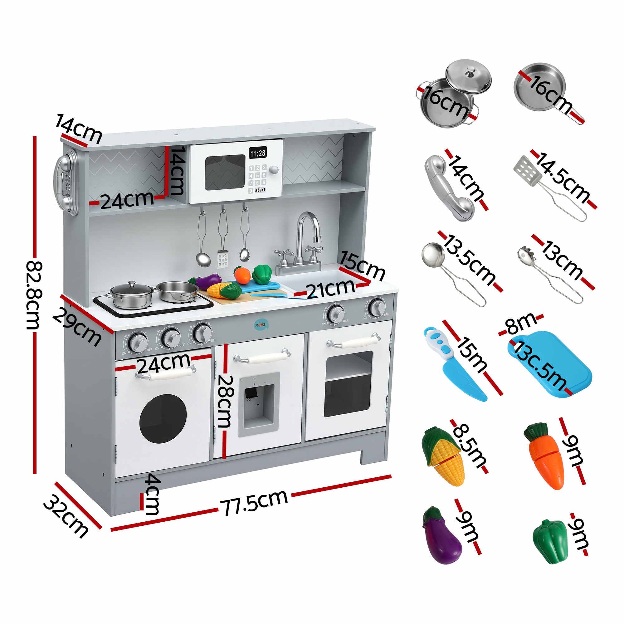 Keezi Wooden Play Kitchen Pretend Kitchen 82cm Kids Toy Food Set Grey โ image 2
