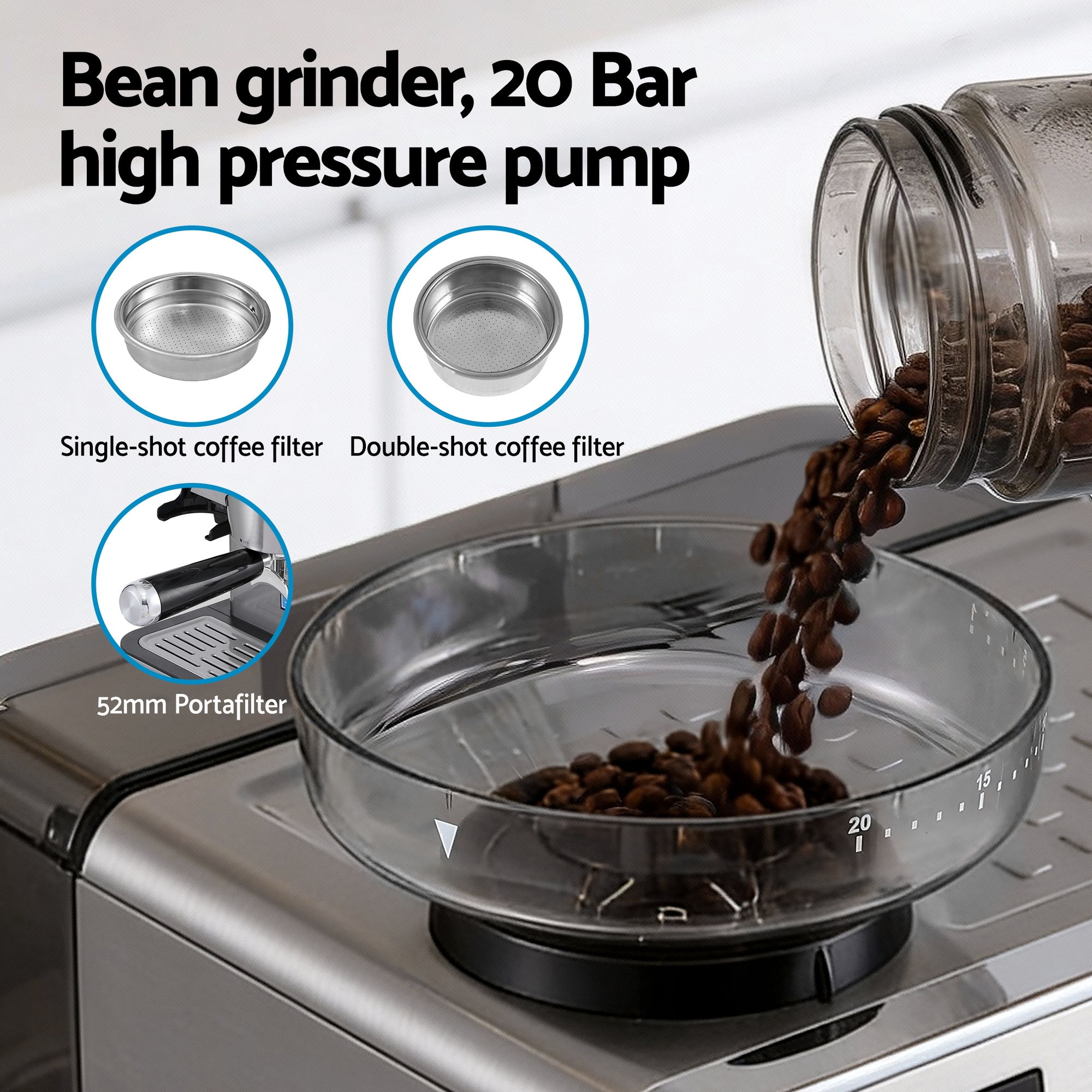 Devanti Coffee Machine Espresso Latte Maker with Grinder Milk Frother Steam Wand — image 5
