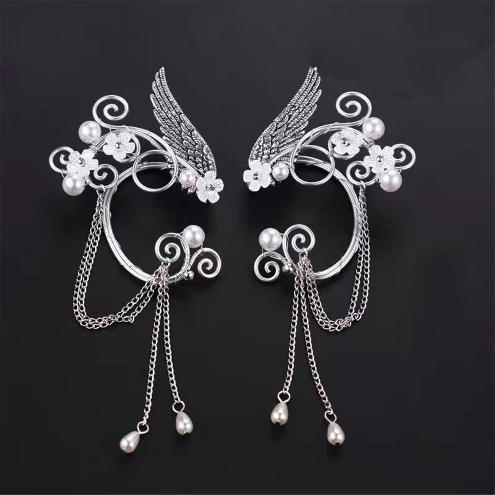 Handmade Nonpierced Elf Fairy Ear Cuff Wrap Earring Celtic Elven Flower Faux Pearl Bead Wing Chain Tassel Clip-On Earring — image 2