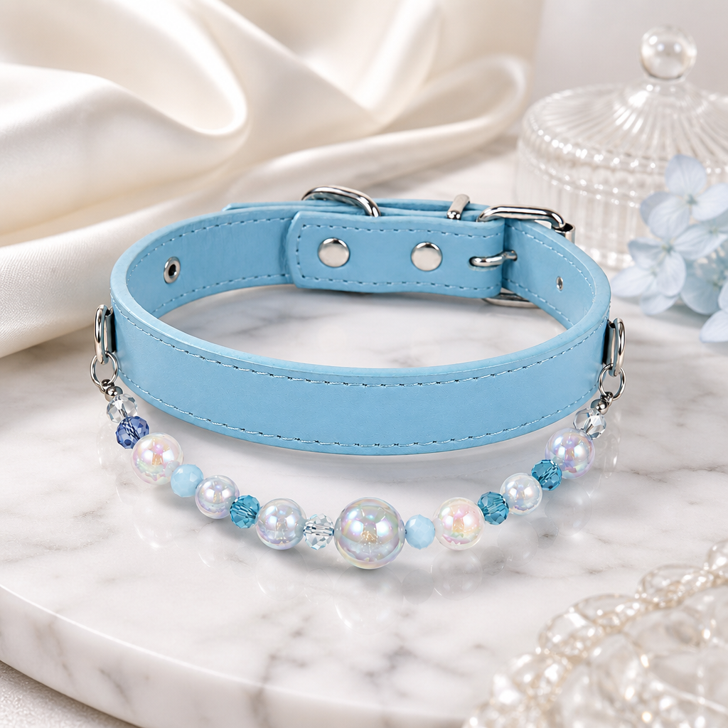 Detachable Beaded Dog Collar - Sky Blue Microfiber PU Leather, Zinc Alloy Hardware, Adjustable S Size 20-28cm Neck, Decorative Pet Collar for Small Dogs — image 2
