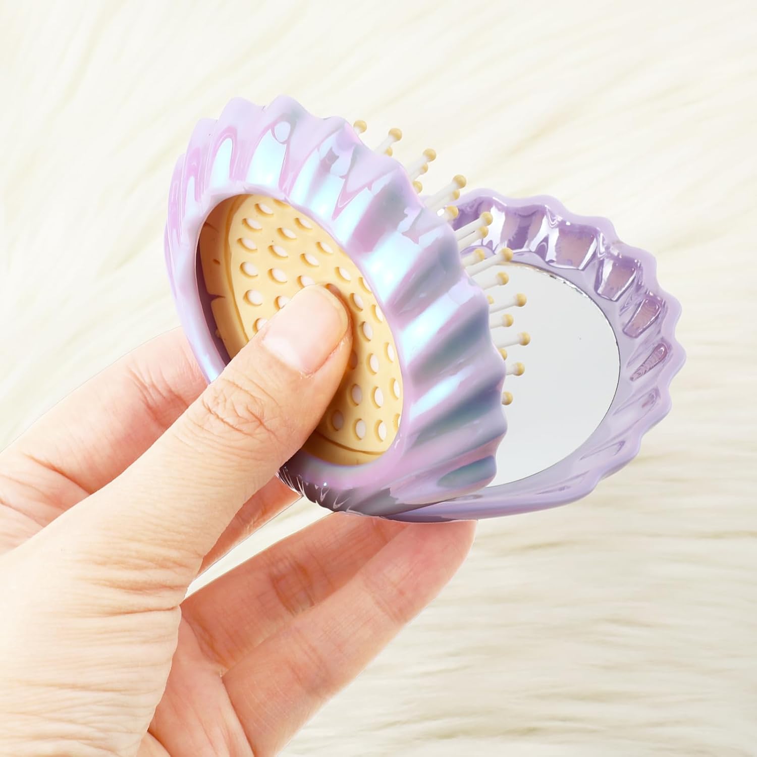 2 PCS Shell Folding Hair Brush with Mirror, Foldable Mini Hairbrush Retractable Purse Combs Cute Small Travel Brushes for Women, Portable Shell Pocket Comb for — image 4