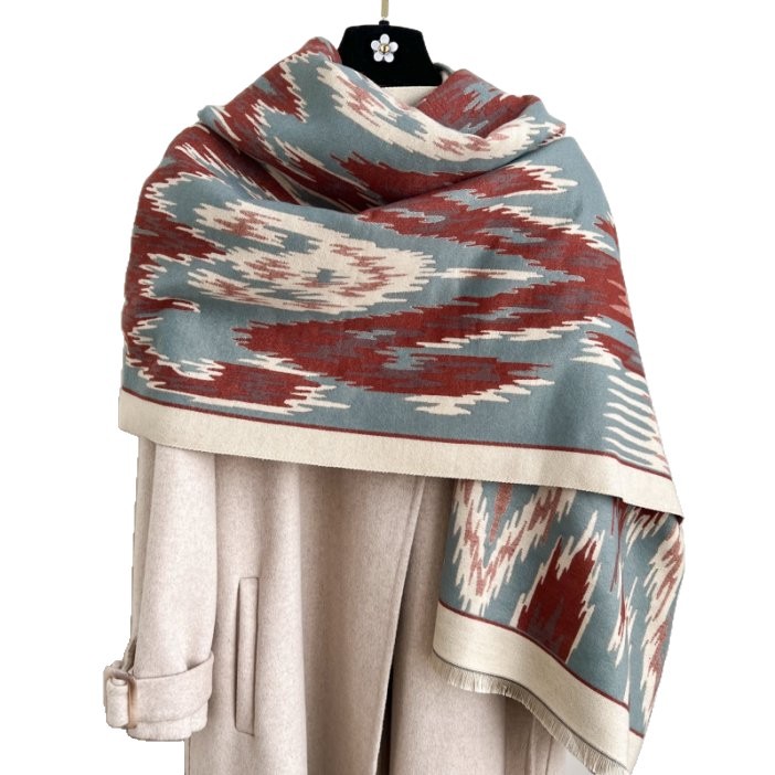 Blue and Dark Red New Style Buttoned Shawl – Double-Sided Winter Scarf with Ethnic Pattern, Faux Cashmere Feel for Travel and Fashion — image 4