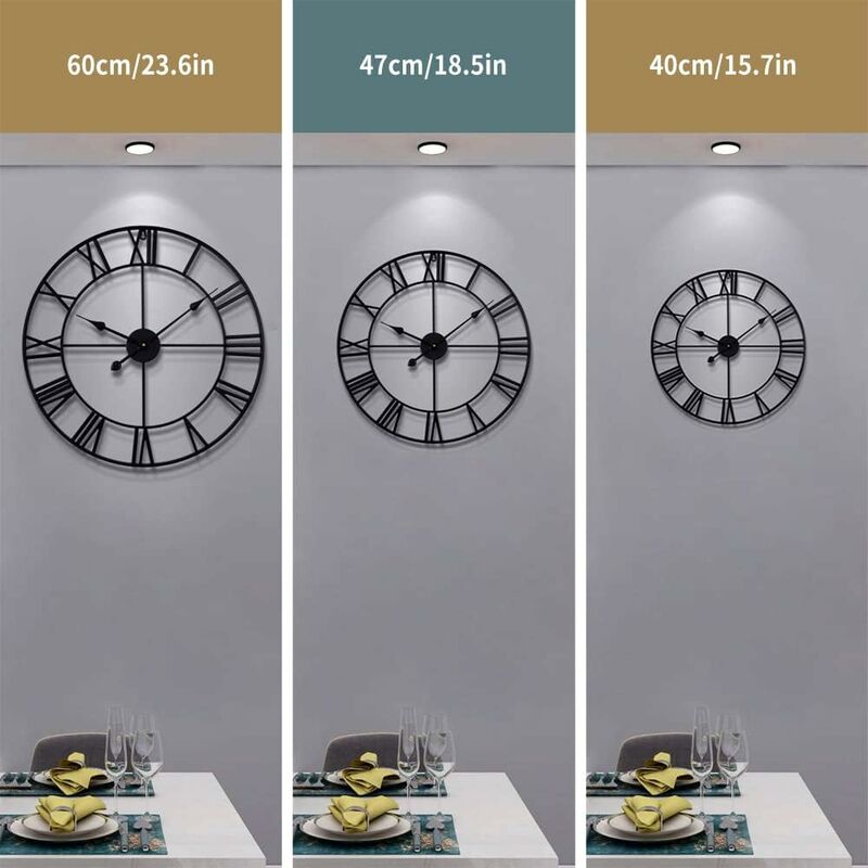 Large ROund Metal Wall Clock Vintage Style Silent Non Ticking Battery Operated 40Cm Black ROman Numeral Clocks For — image 2