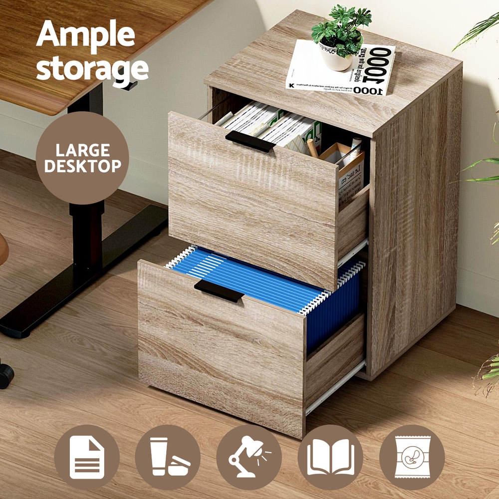 Artiss Filing Cabinet Files Storage Office Shelves File Organiser Oak 2 Drawer — image 5