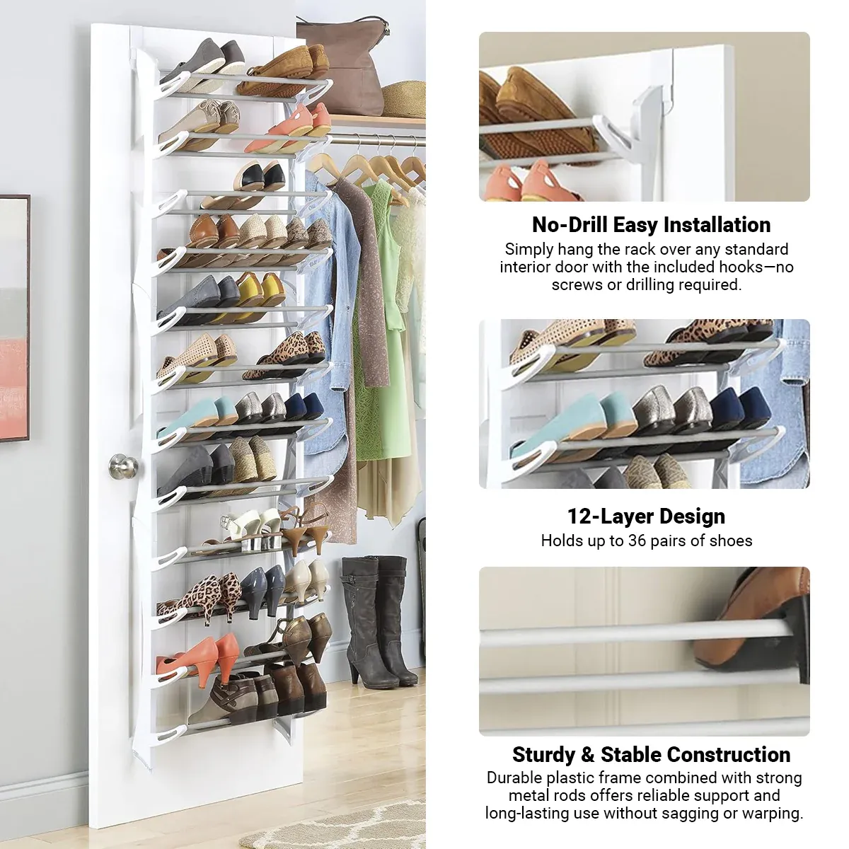 12-Tier Hanging Shoe Rack Over Door Wall Mounted Organiser Dorm Closet Storage — image 4