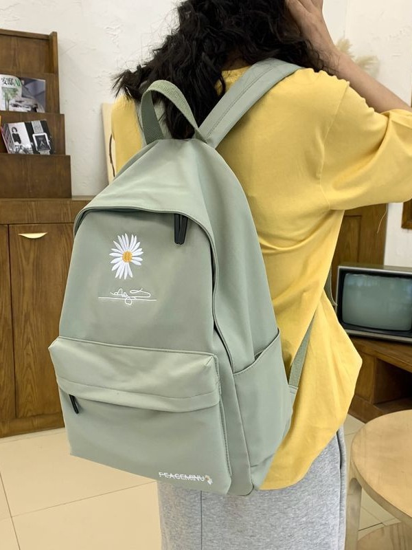 Daisy Embroidered Waterproof Backpack School Bag Green Nylon Laptop Daypack for High School Uni and Travel โ image 3