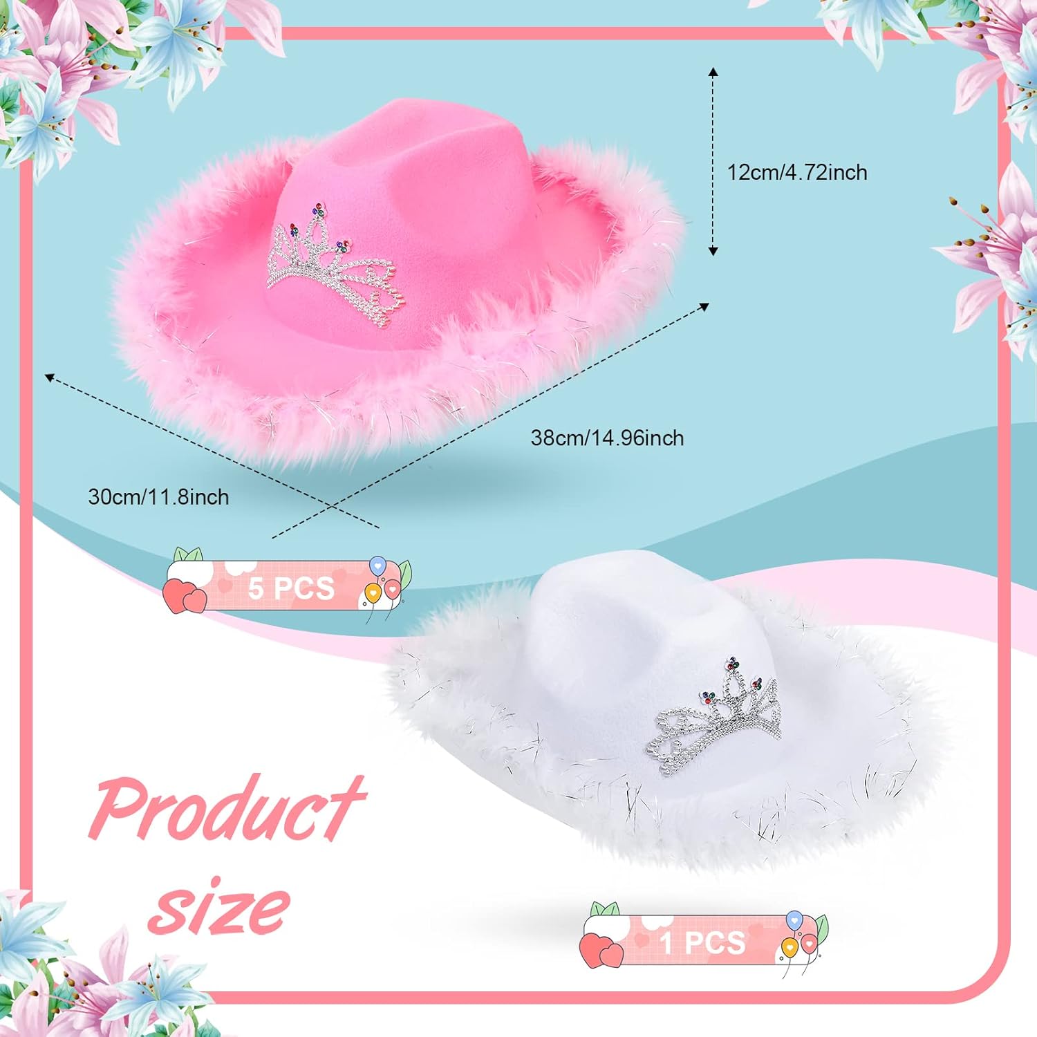 6 Pack Women Cowgirl Cowboy Hats with Feather Western Hat for Bachelorette Bridal Wedding Party Costume Dress up โ image 2