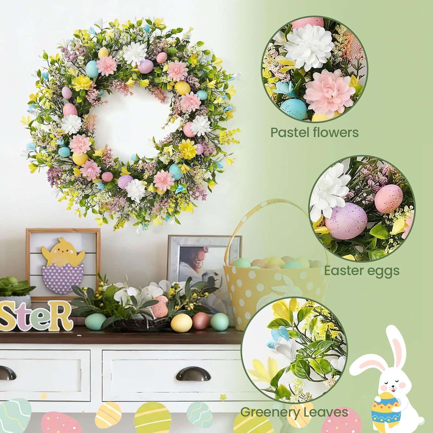 Easter Wreath for Front Door Decorations, Easter Egg Door Wreath Decorations, Spring Wreaths with Pastel Eggs Flowers Eucalyptus Leaves for Front Door Outside โ image 6