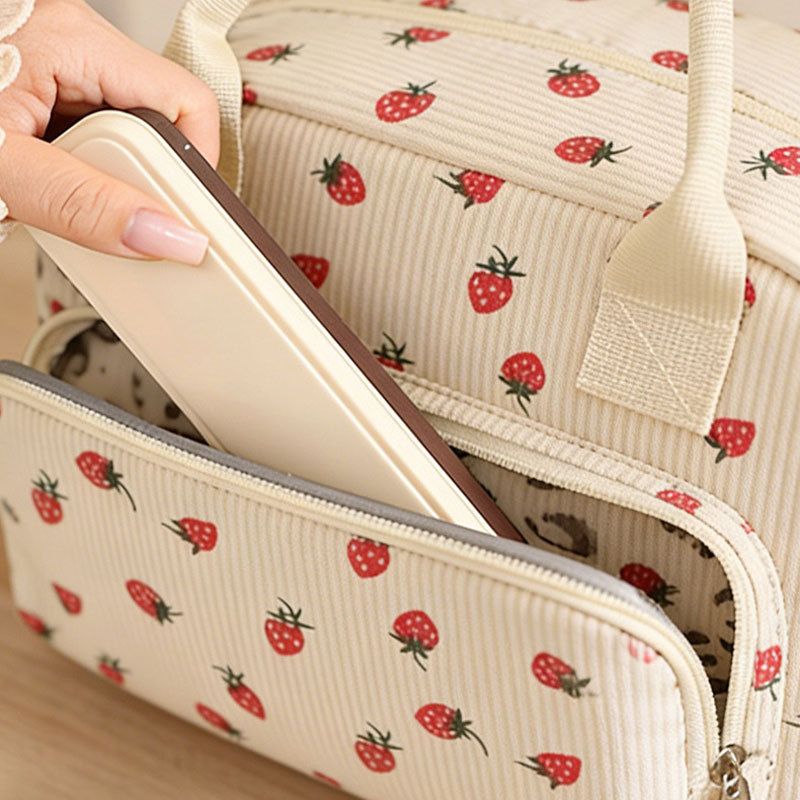 Strawberry Print Soft Corduroy Insulated Lunch Bag for Women and Students - Large Capacity Thermal Lunch Tote with Shoulder Strap, Front Zip Pocket and Side โ image 3