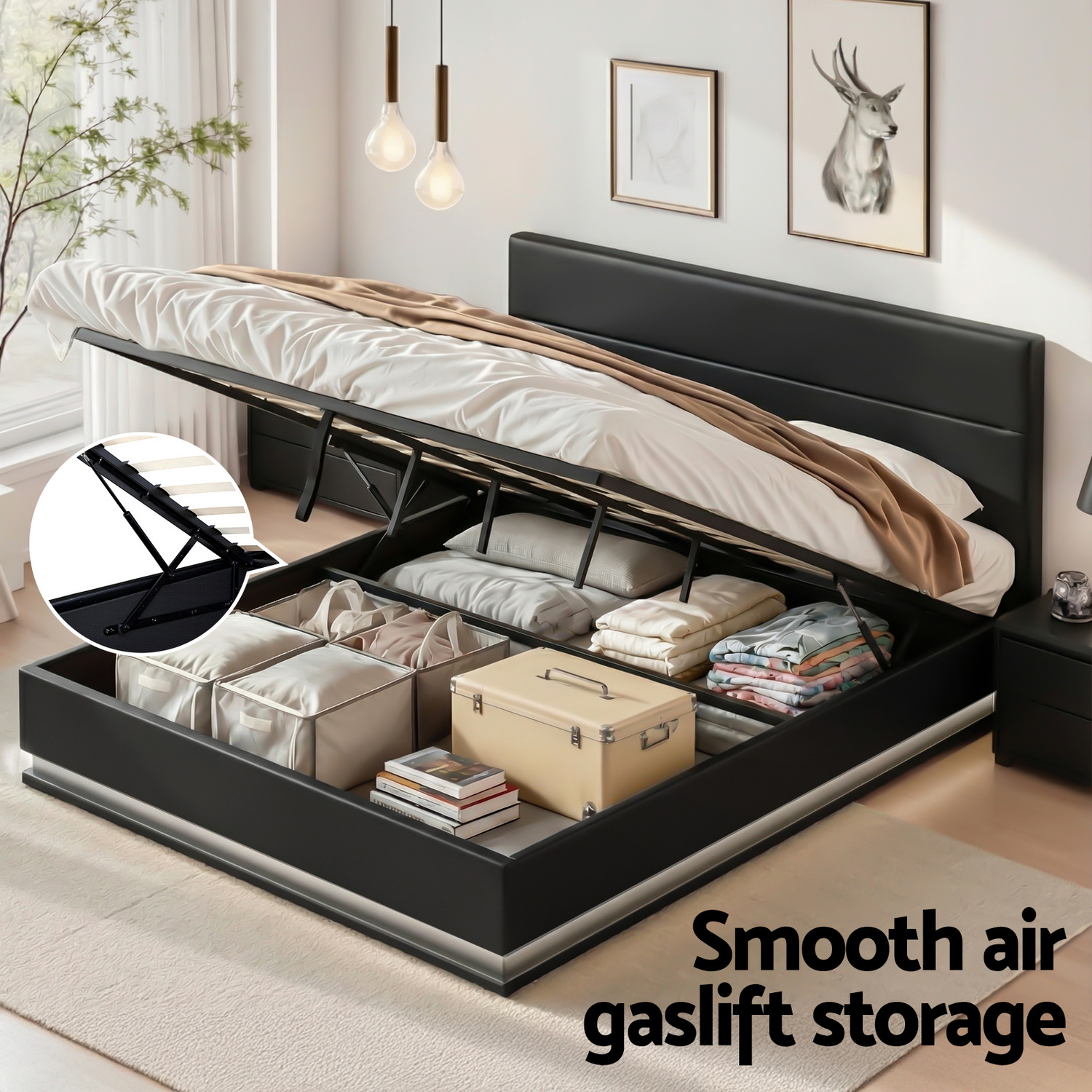 Artiss Bed Frame King Size LED Gas Lift Black LUMI — image 5