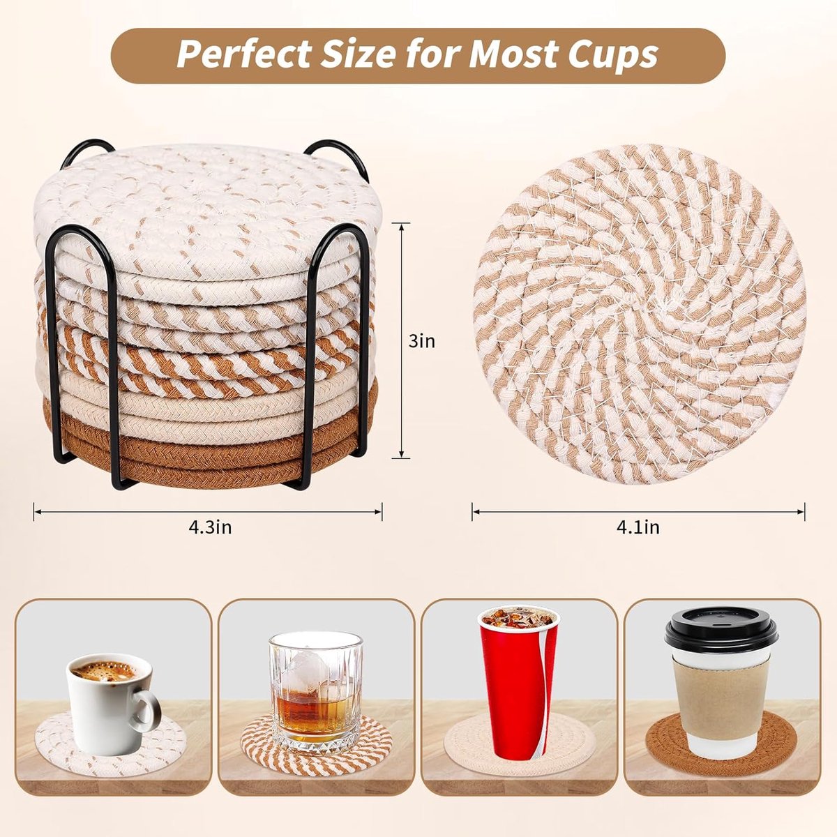 Set of 10 Round Coasters with Stand - Coaster Set - Thermal Insulation - Non-Slip Braided Cotton Coasters - Coasters for Glasses - For Drinks, Bar — image 4