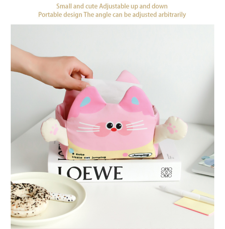 2 Pack Cute Desk Organiser Set Yellow Resin Cloud Pen Holder and Pink Plush Cat Tissue Box Cover for Home Office and Car Decor — image 2