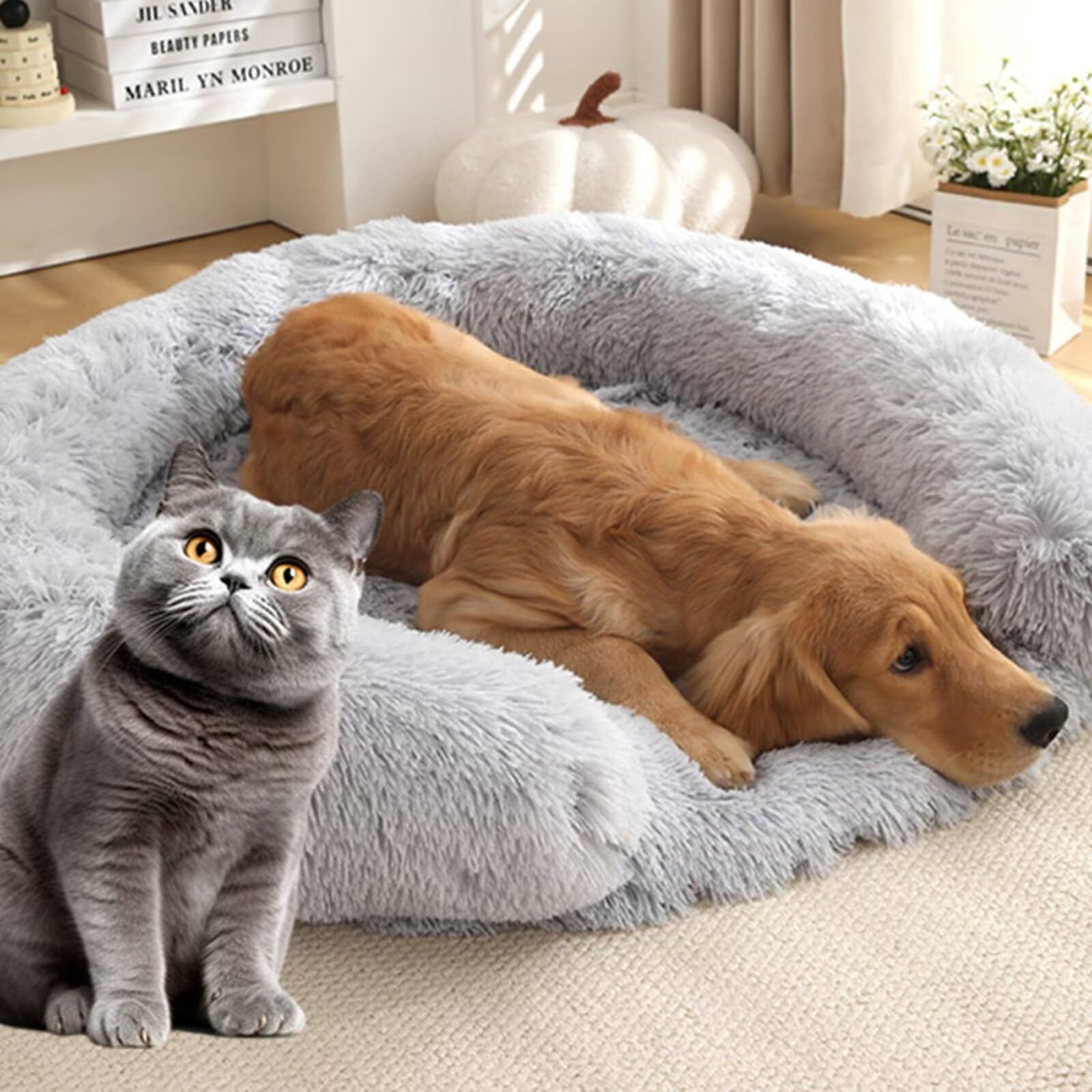 Bedsure Calming Dog Bed for Small Dogs - Donut Washable Small Pet Bed, Anti-Slip Round Fluffy Plush Faux Fur Large Cat Bed, Pale Grey — image 3