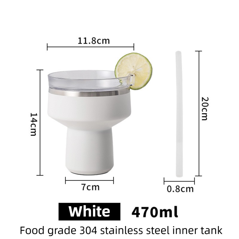 White 470ML Stainless Steel Martini Tumbler Cup with 360°Salt & Sip Lid, Internal Markers and Straw - Double Wall Vacuum Insulated Drink Cup for Coffee