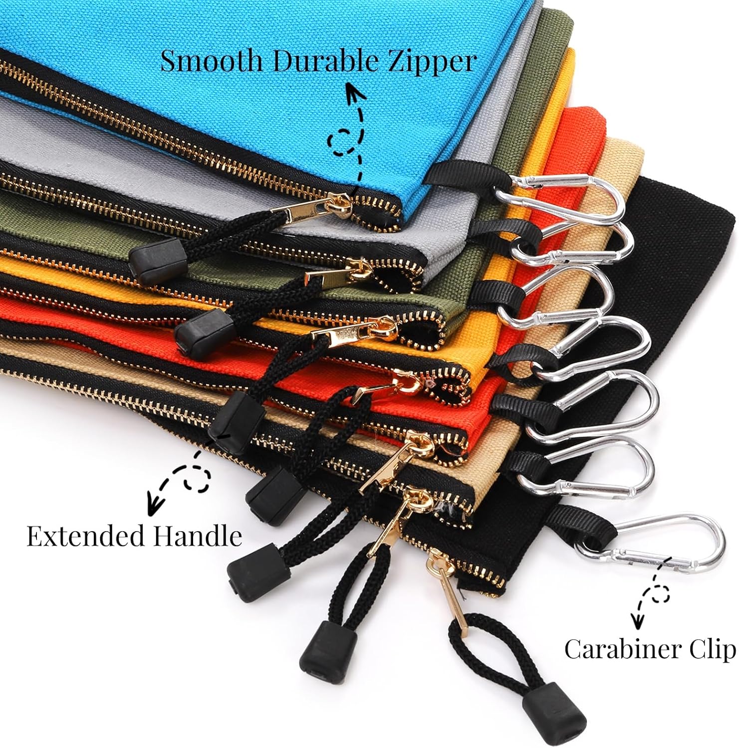 7 Pack Canvas Tool Pouch, 16 OZ Heavy Duty Zipper Utility Bags, 12" x 7" Multipurpose Storage Organizer Tote Bag with Carabiner for Gadgets Cosmetics Office — image 5