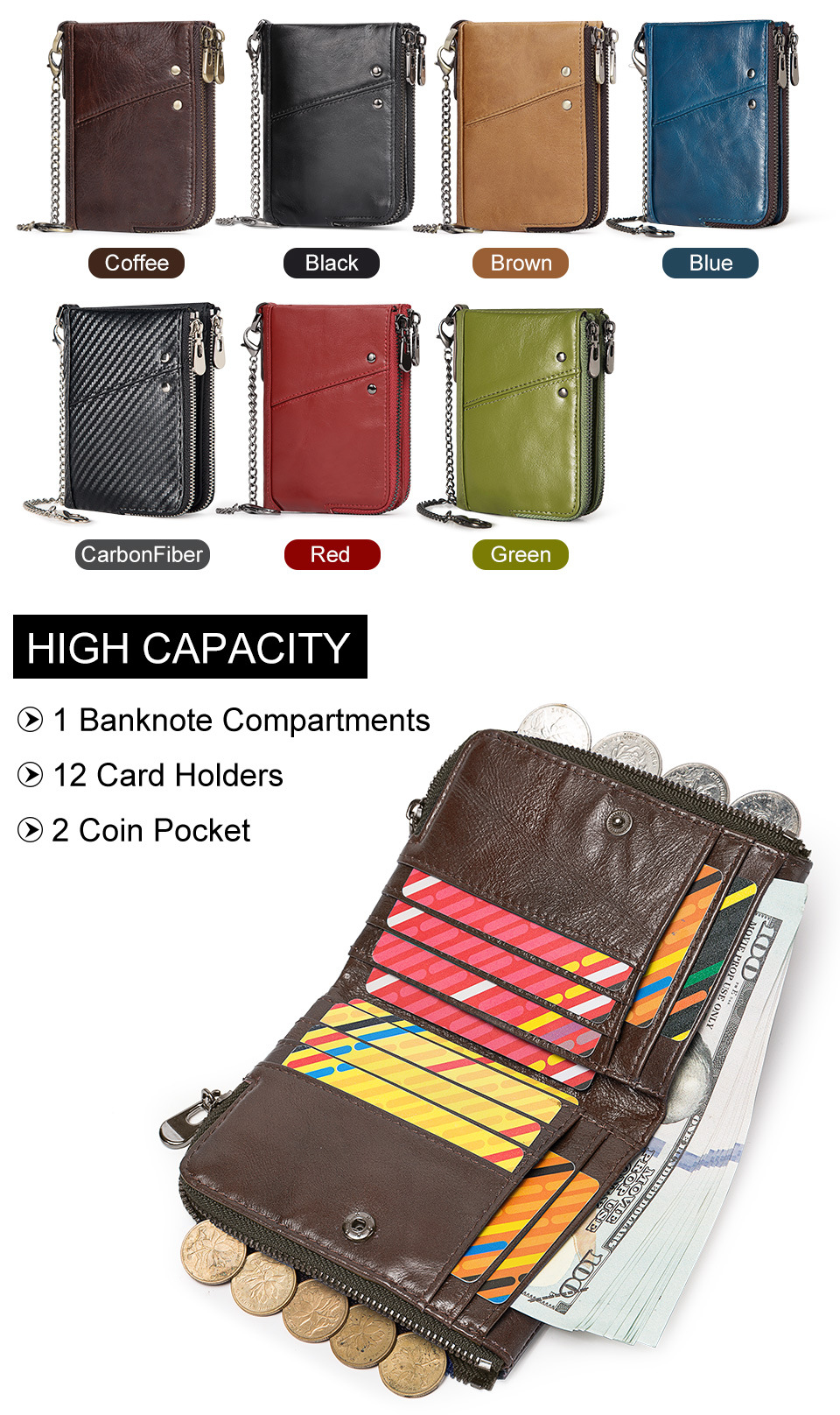 Genuine Leather Mens Wallet Double Zipper - RFID Blocking Bifold Card Holder with Coin Pocket - Black Gift for Him — image 4