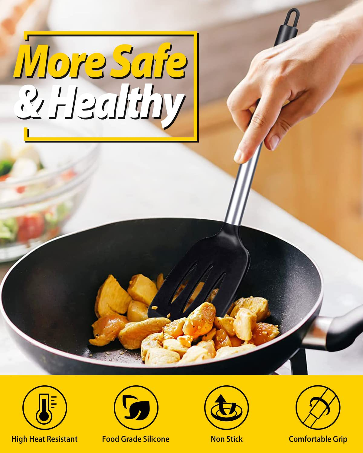 Black 4-Piece Silicone Spatula Set Slotted Turner Solid Turner Stainless Steel Handle Heat Resistant Non-Stick Cookware Kitchen Utensils — image 4