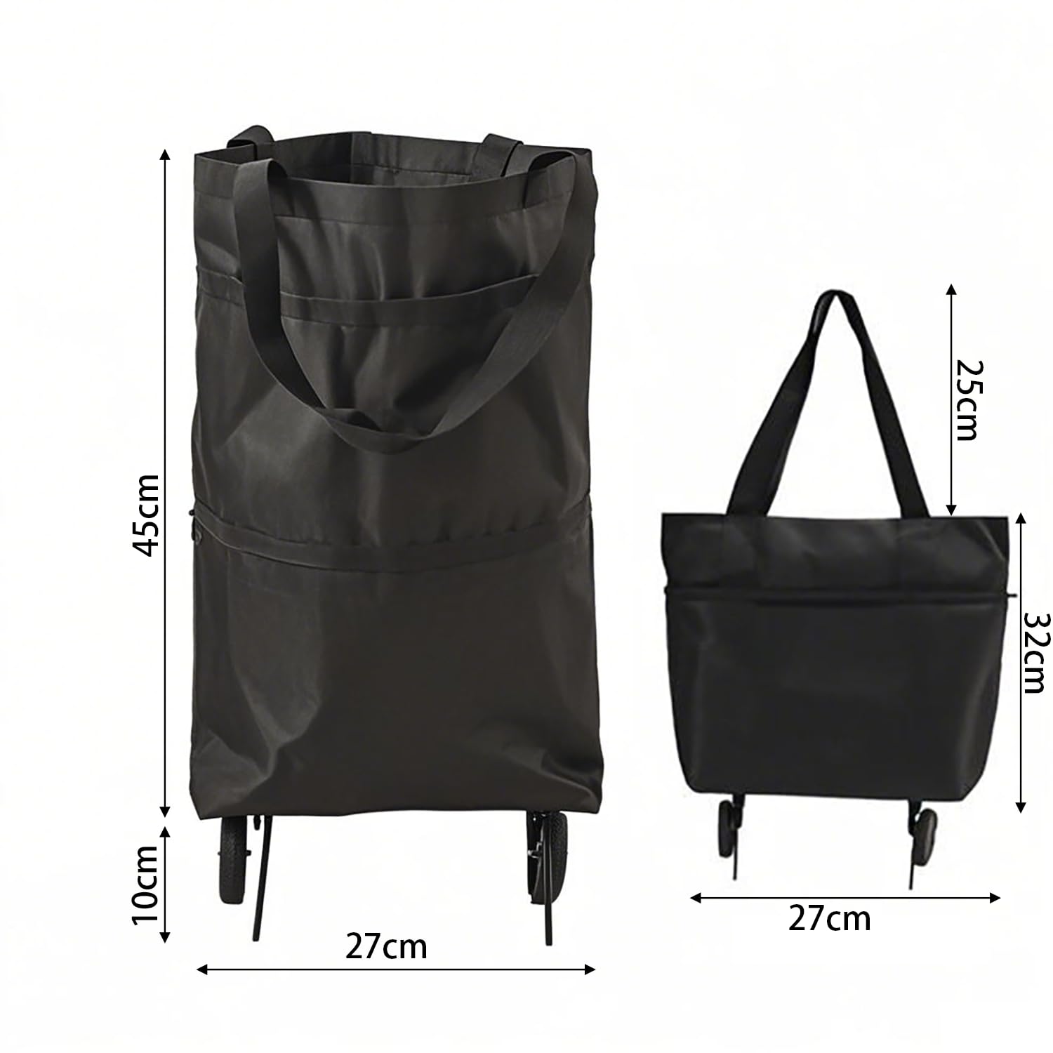 2-in-1 Collapsible Shopping Trolley with Wheels – Foldable Grocery Cart, Reusable Waterproof Oxford Bag for Supermarket, Picnic & Travel (Black) — image 3