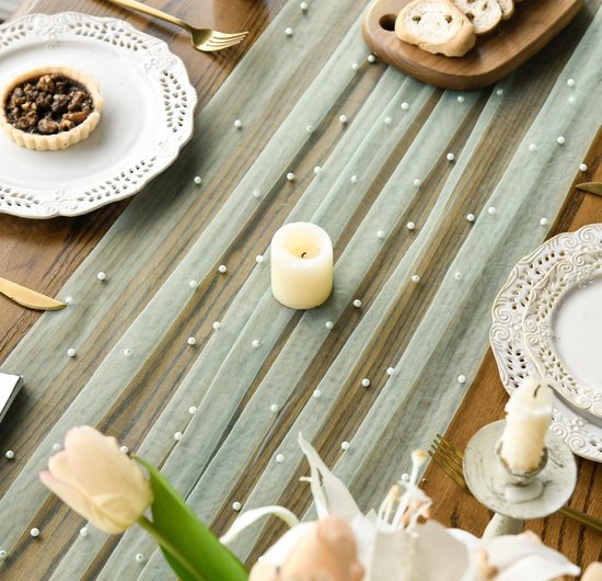 Light Green Table Veil with White Pearls - Silky Gauze 30 × 120 Inches - For Weddings, Parties & Table Decorations — image 5