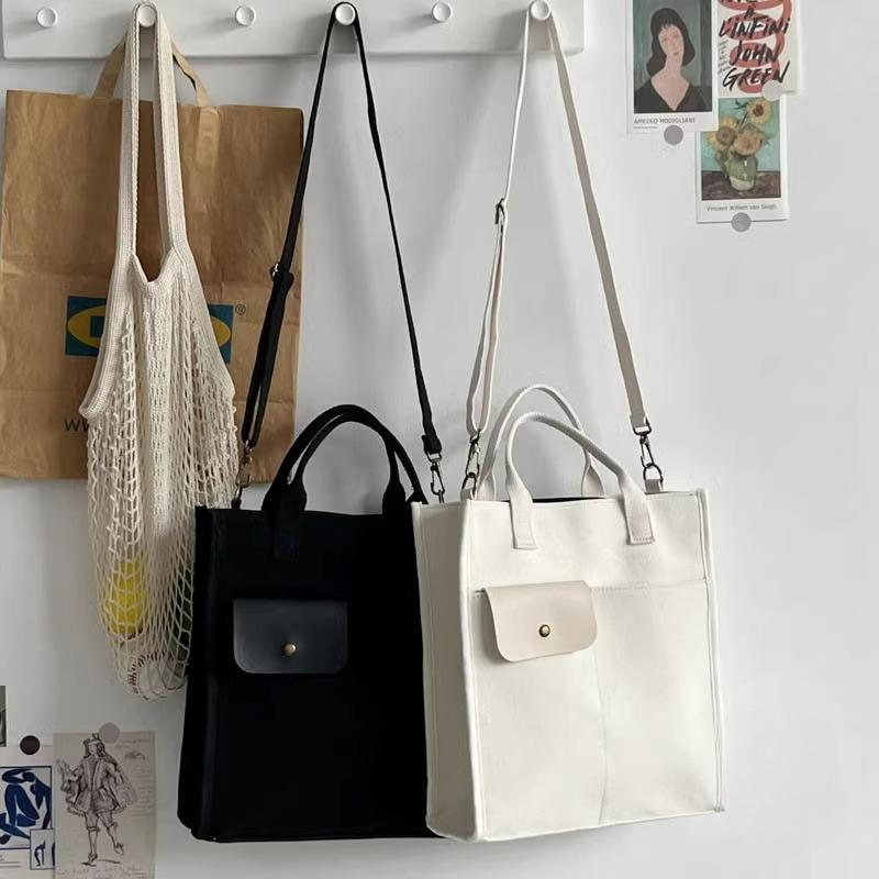 White Unisex Canvas Tote Bag - Structured Vertical Shoulder Satchel with Front Pocket - Lightweight Crossbody for Work, Uni & Daily Commute โ image 2