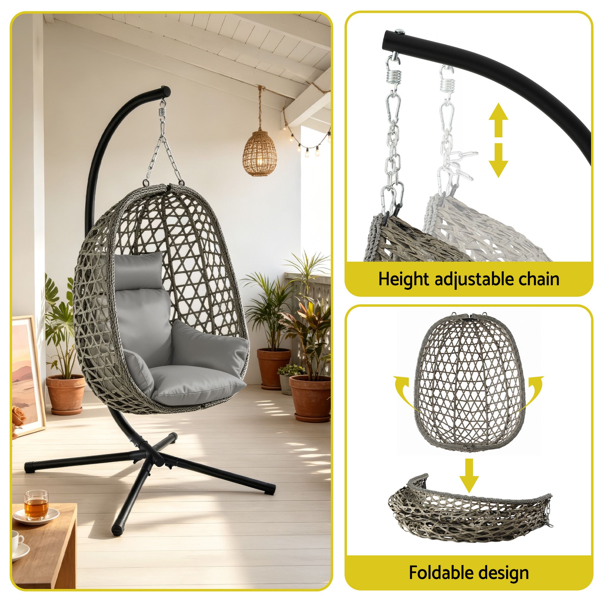 Gardeon Outdoor Swing Chair with Stand Cushion Rattan Furniture Grey โ image 4