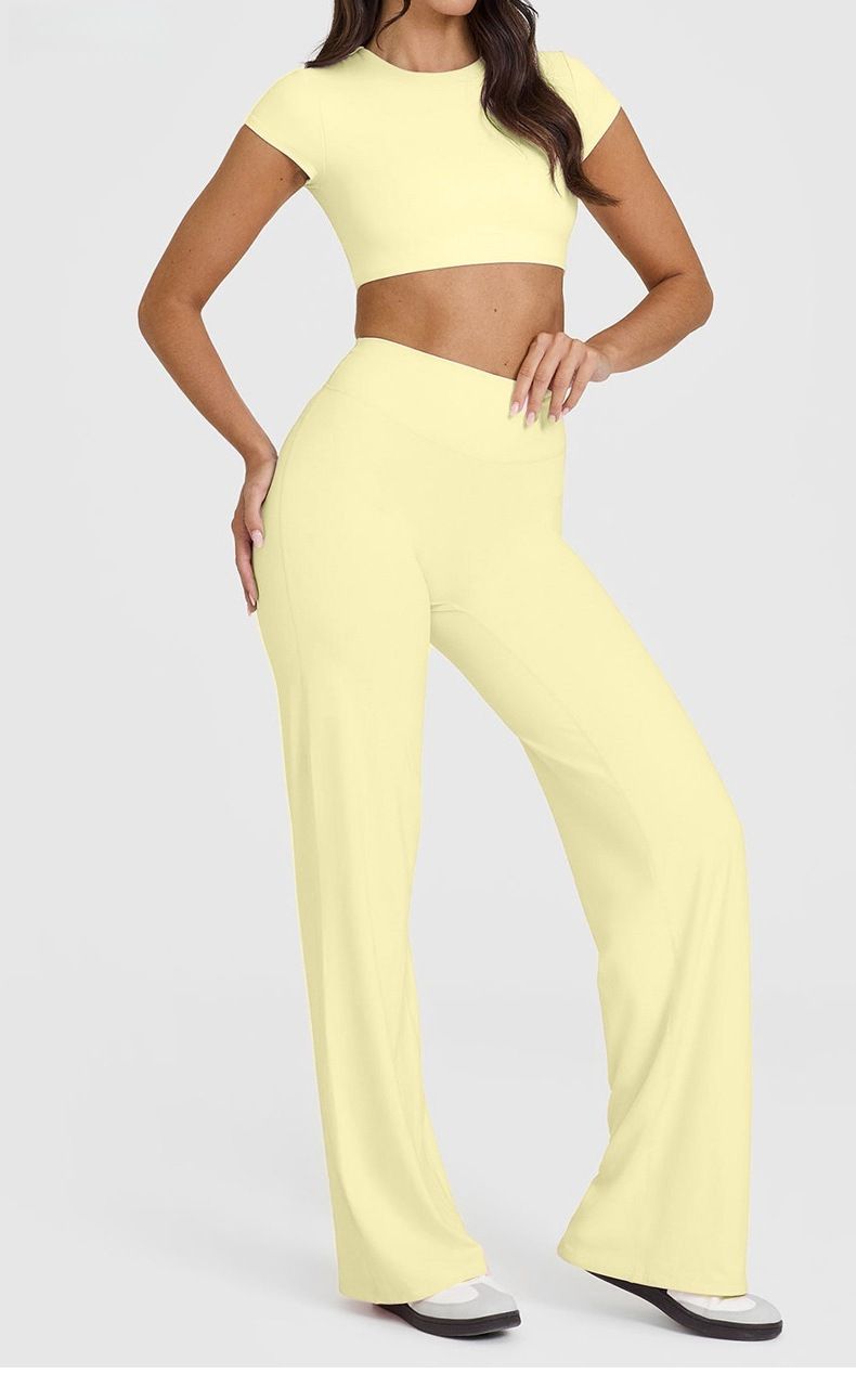 M Size Yellow High Waisted Flare Yoga Pants for Women - M-Shaped Peach Hip Lifting Wide-Leg Workout Trousers with Soft & Skin Feel Four Way Stretch Fabric โ image 2