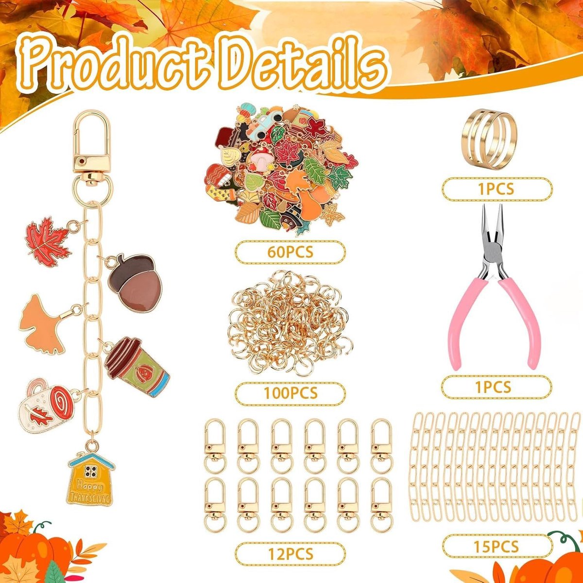 Autumn keychain making set - 60 autumn charms & 12 clips - plus accessories — image 2