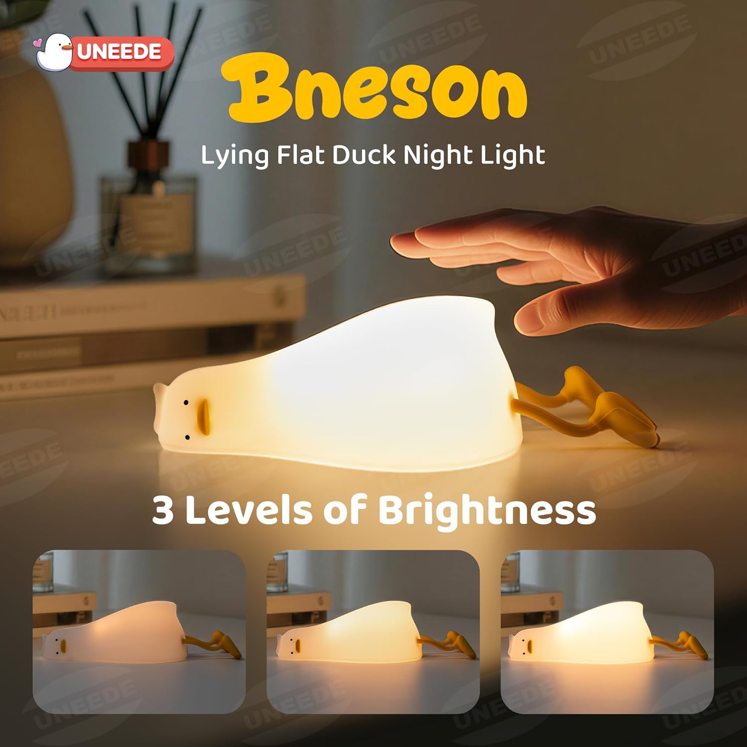 UENEEDE Lying Flat Duck Lamp, 3 Level Dimmable Rechargeable Silicone Night Light, Benson Duck Cute Squishy Touch Sensor Bedside Lamp for Nursery — image 2