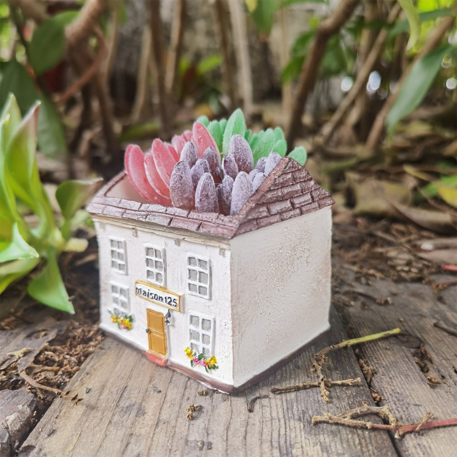 Mini House Square Cottage Planter - Vintage Resin Succulent Pot with Red Roof, Cute Cottage Garden Ornament for Desk, Patio, and Indoor Plant Display — image 4