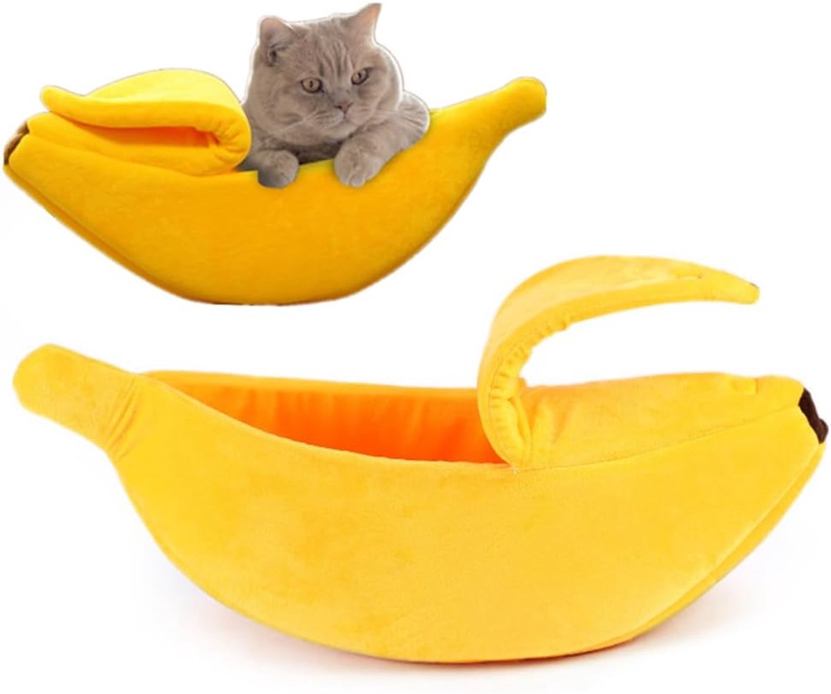 Banana-shaped pet bed - Creative dog and cat kennel - Warm and soft plush puppy mat - Cute fruit design for cats, kittens, and dogs - Available in