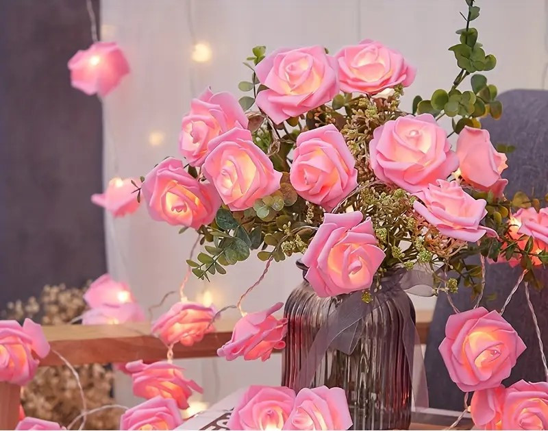 50 Pink Rose 3D Fairy Lights 5M LONG String, Battery (AA) Indoor & Outdoor Decorations Wedding Valentines Romantic Room Table Lighting โ image 2