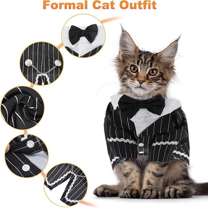 pet products Dog Cat Tuxedo Suit with Bow Tie - Formal Black & White Striped Pet Costume Shirt, Elegant Wedding Outfit Birthday Party Attire for Maltese โ image 6