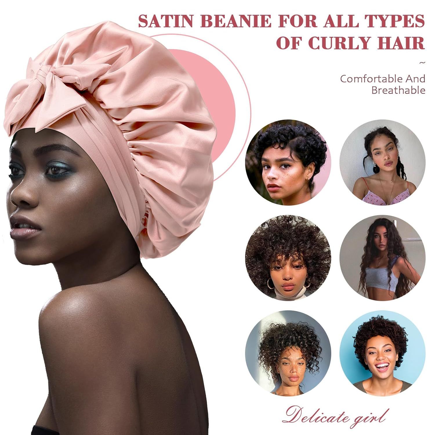 Satin Hair Bonnet with Wide Band Silk Sleeping Bonnets Hair Wrap or Women Girls Night Cap with Tie Band Satin Bonnet (Light Pink) โ image 3