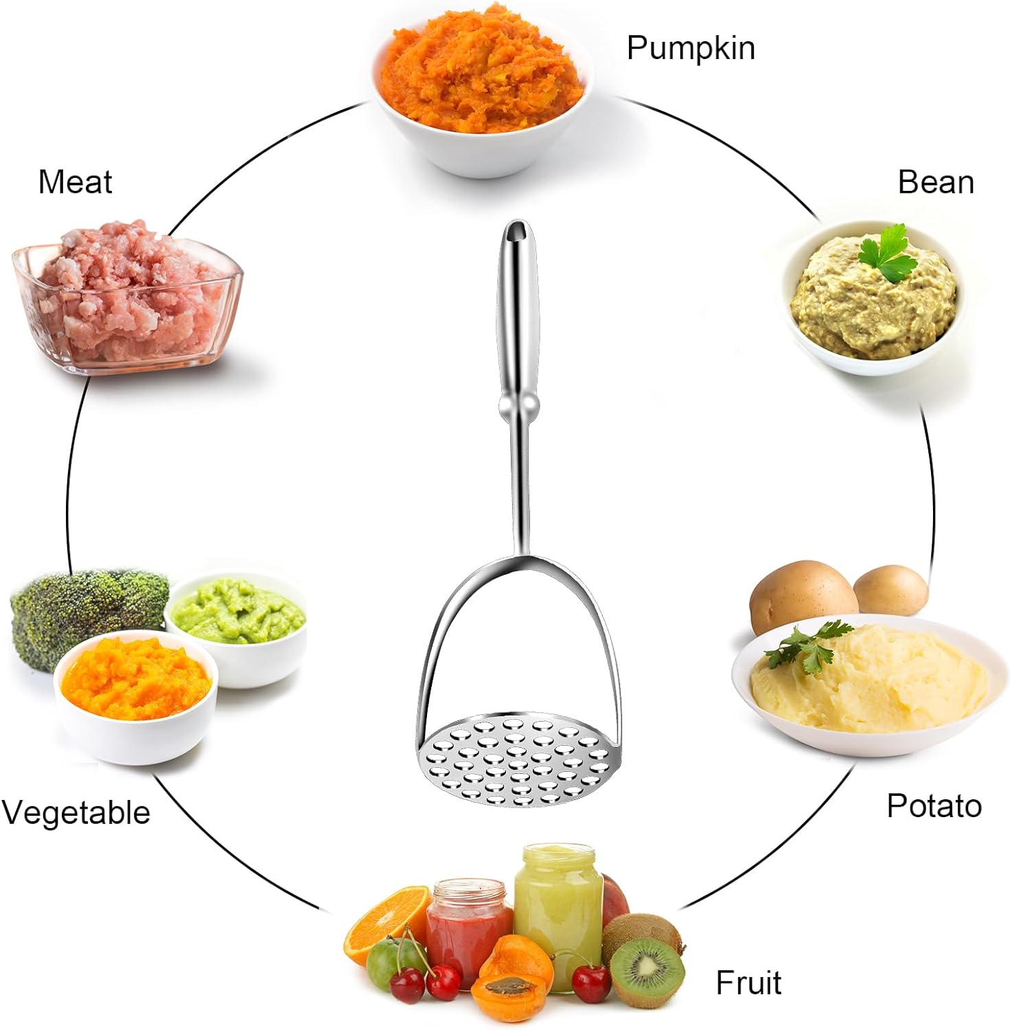 Potato Masher, Stainless Steel Mashed Potatoes Masher with Long Handle for Beans, Avocado, Fruit, Vegetables.One Piece Construction Heavy Duty Masher — image 5