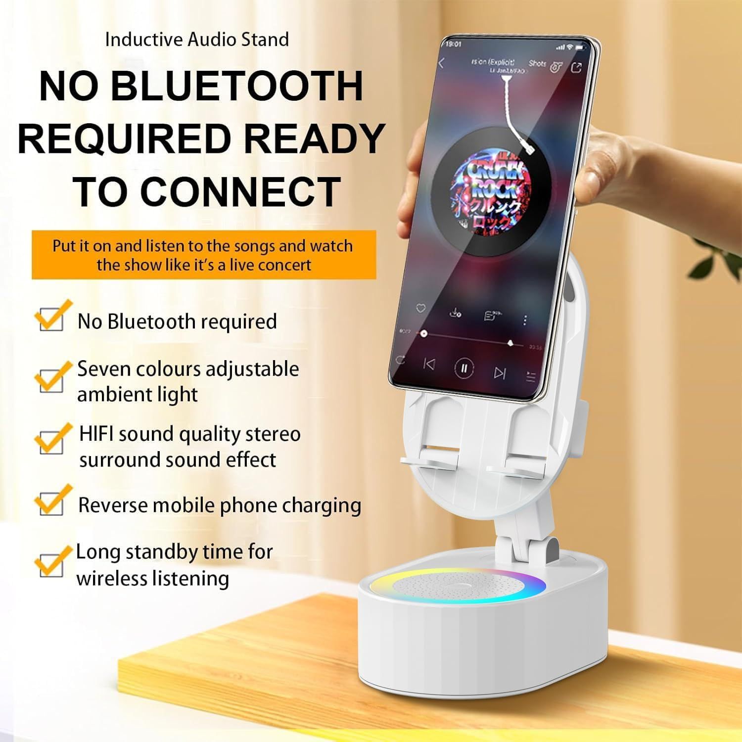 Wireless Induction Audio Bluetooth Speaker 5in1 Phone Holder Emergency Rechargeable (3000mAh) with Colorful Ambient Light 300° Foldable for Tablet iPhone — image 2