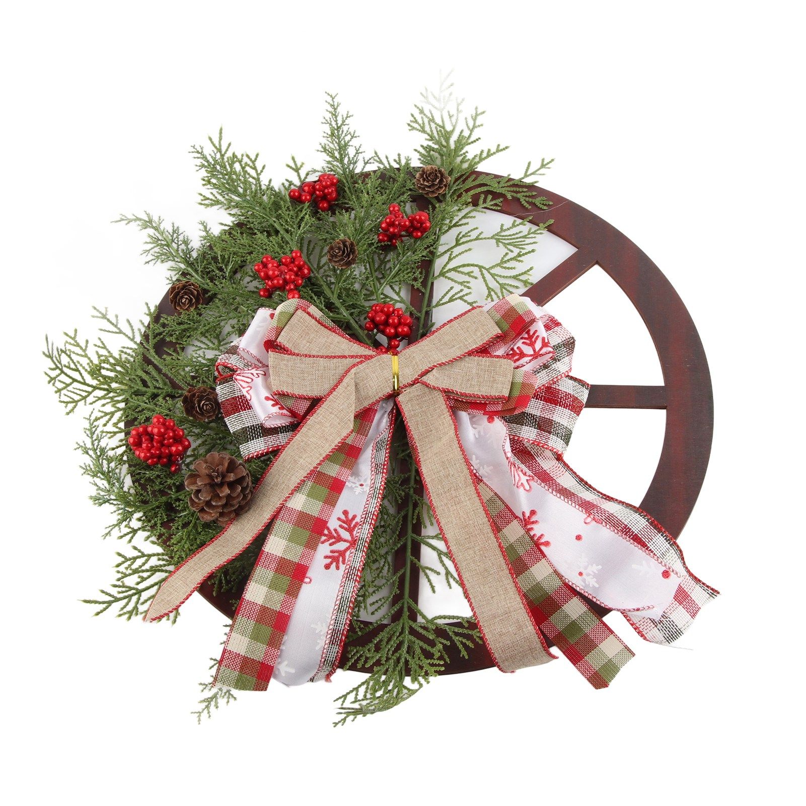Red Truck Wheel Christmas Bowknot Wreath Fall Wreath for Front Door Wooden Hanging Ornament Wreath for Indoor Outdoor โ image 2